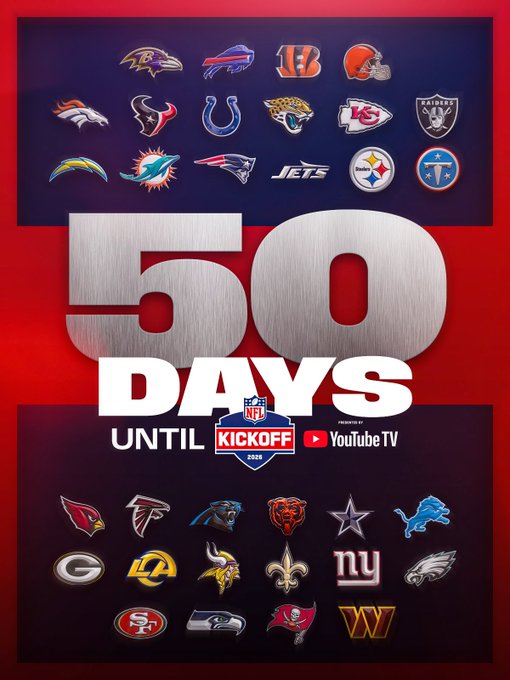 An NFL promotional poster showing all 32 team logos arranged around large silver '50 DAYS UNTIL KICKOFF' text, indicating the 2026 NFL Kickoff will be available on YouTubeTV.