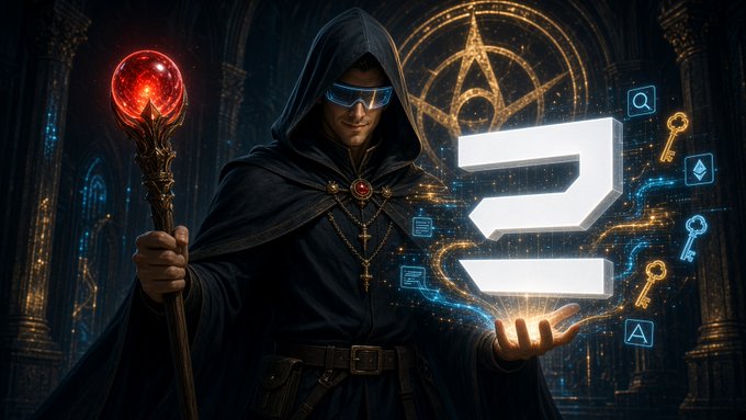 A hooded mage figure holds a glowing staff while summoning a floating 3D "Z" symbol from their palm, surrounded by blockchain keys, transaction icons, and a glowing pentagram. The image visualizes the post's theme of unmasking hidden wallet identities, with the "Z" representing @zerufinance's on-chain analysis tool that reveals when seemingly separate traders share the same funding source.