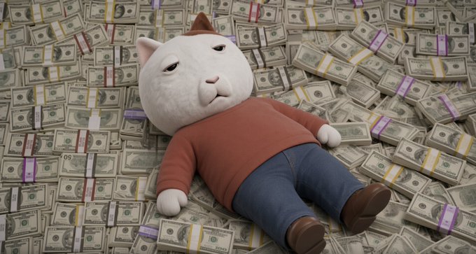 A 3D animated cat wearing a red sweater and blue jeans lies on a massive pile of banded stacks of cash.