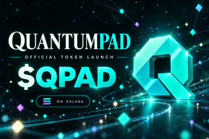 A promotional banner for 'QuantumPad' announcing the official token launch of '$QPAD on Solana,' featuring a glowing cyan 'Q' logo against a dark cosmic background.