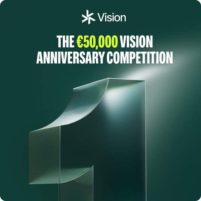 A promotional graphic for "The €50,000 Vision Anniversary Competition" featuring the Vision logo and a large translucent "1" against a dark green background, highlighting the €12,000 top prize and rewards down to the Top 100 as the competition reaches its halfway mark.