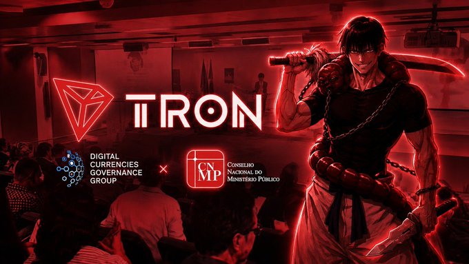 A promotional graphic displays the TRON logo alongside the Digital Currencies Governance Group and CNMP (Conselho Nacional do Ministério Público) logos, set against a red-toned background featuring an illustrated warrior figure and silhouetted attendees—visually representing TRON DAO's collaboration with Brazilian authorities at the Digital Asset Recovery Forum in Brasília.