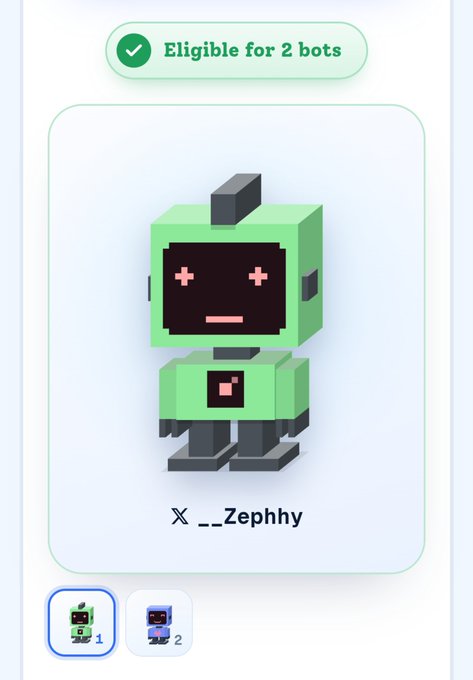A pixelated green robot character NFT labeled 'X __Zephhy' eligible for 2 bots.
