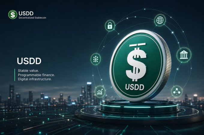A promotional graphic for USDD Decentralized Stablecoin, featuring a large 3D coin with a dollar sign, labeled 'Stable value. Programmable finance. Digital infrastructure.'