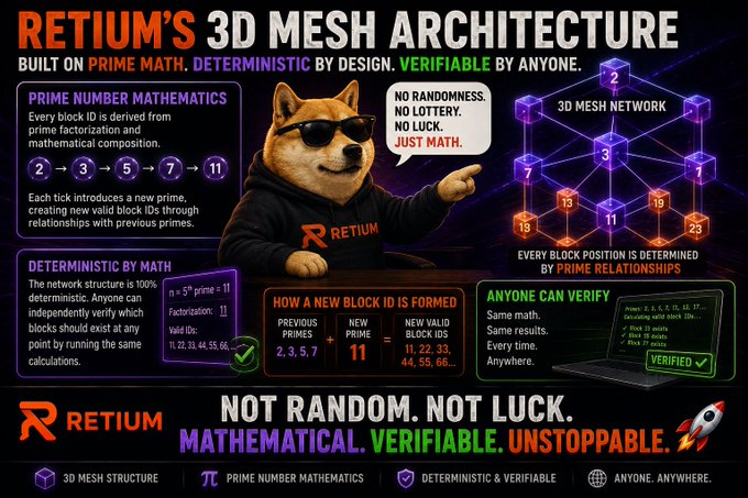 The image features a cartoon dog wearing sunglasses and holding up a sign that says "Not random, not luck." The text above the dog's head reads "Retium's 3D mesh architecture", which suggests that the image is related to the concept of Retium Chain or its 3D mesh architecture. The post also mentions the elegance of Retium Chain's architecture and how it uses prime number theory for block allocation rather than relying on chance, unpredictability, or a validator.