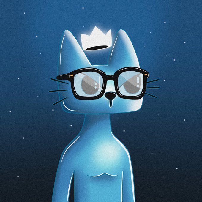 A digital illustration of a blue cartoon cat character wearing black glasses and a small white crown, set against a starry blue background.