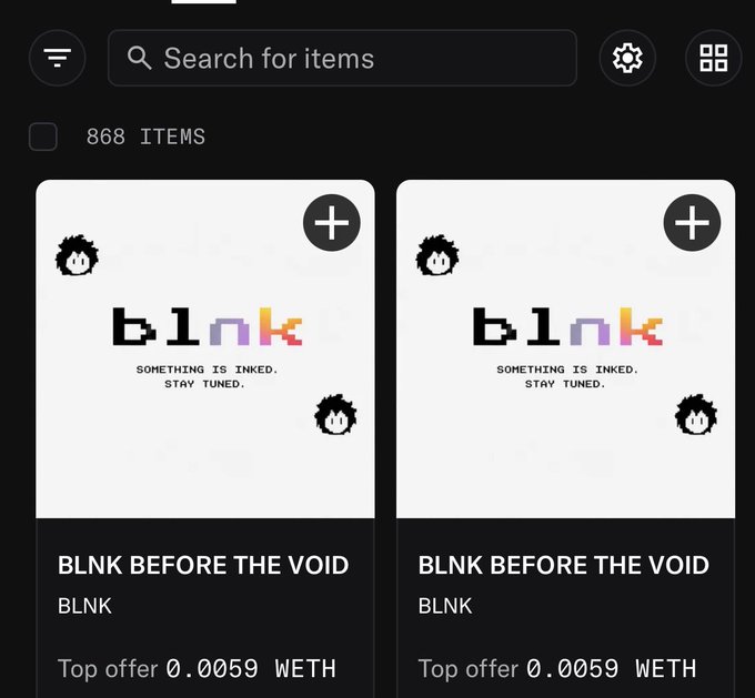 The image shows a digital marketplace or NFT platform displaying 868 items, with two identical listings for "BLNK BEFORE THE VOID" by BLNK, both with a top offer of 0.0059 WETH. This relates to the post by showing the minted BLNK NFT from @BlnkINC, highlighting the collection the user acquired through playing the game for a guaranteed whitelist spot.