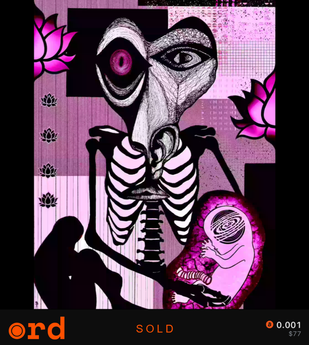 A surreal digital artwork depicting an alien-like skeletal figure with one large pink eye and one human-like eye, holding a fetus-like figure, decorated with pink lotus flowers and marked 'SOLD' with 'ord 0.001 $77' at the bottom.