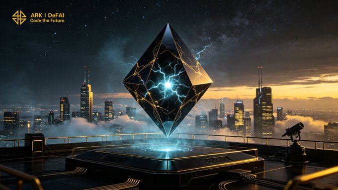 A glowing, electrified crystalline structure hovers above a futuristic cityscape at twilight, with "ARK | DeFAI — Code the Future" displayed in the top-left corner, visually symbolizing the platform's mission to transform AI agent potential into real-world impact as described in the caption.
