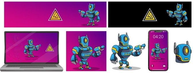 A blue cartoon robot character holding a gun is featured across multiple digital devices and backgrounds, including banners, a laptop screen, and a phone displaying '04:20'.