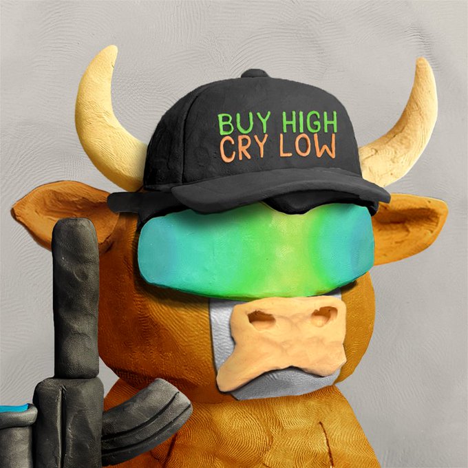 A sculpted clay bull wearing a black cap that reads "BUY HIGH CRY LOW" in green and orange text, along with teal-tinted sunglasses, smirks while holding a hammer—playfully personifying the steadfast optimism expressed in the caption "The market can do whatever it wants. Clay isn't going anywhere."
