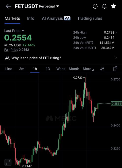 A cryptocurrency trading chart displays the FETUSDT perpetual pair trading at $0.2554, up 2.44%, with an hourly candlestick view showing recent price action that spiked to a high of $0.2723 before pulling back. The chart's recent dip to $0.2147 followed by a strong recovery rally visually supports the post's bullish sentiment that "dips are buying" opportunities for FET.