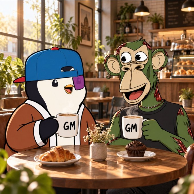 A stylized cartoon image of a penguin with a cap and a green monkey sitting in a cafe holding 'GM' coffee mugs with pastries on the table.