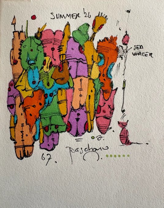A colorful hand-drawn doodle titled "SUMMER '26" and signed "paschons," featuring vibrant abstract figures in pink, green, orange, yellow, and purple, alongside the text "JEN WATER" and the edition number "67/100," corresponding to the 67th piece in the artist's 100-piece NFT collection.