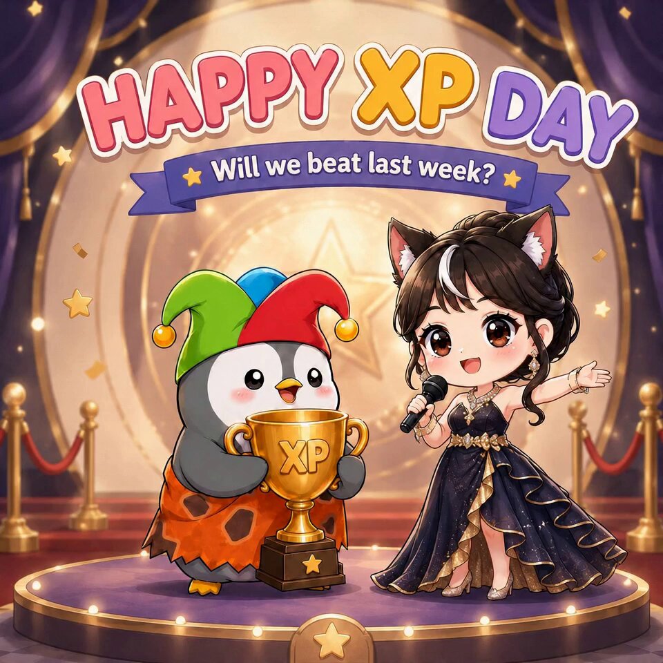 The image features a cartoon penguin holding a trophy, with a girl standing next to him wearing a dress and microphone. The text at the bottom of the image reads "Happy XP Day Only 3 hours left until this week's update! How much XP do you think you'll get?" This suggests that there is an XP-themed event or competition taking place soon, and the participants are encouraged to share their experiences on social media using a specific hashtag.