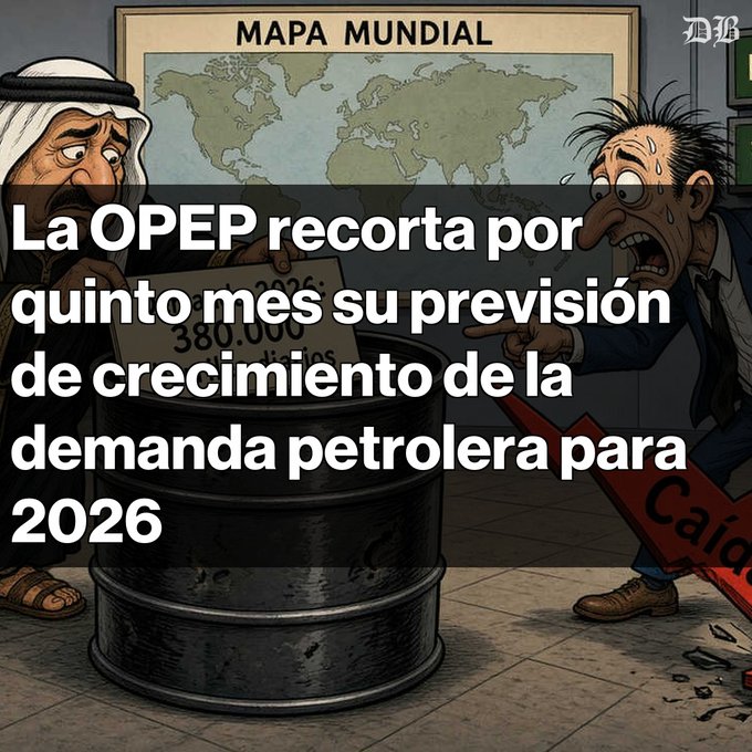A cartoon-style news graphic with Spanish text reading 'La OPEP recorta por quinto mes su previsión de crecimiento de la demanda petrolera para 2026', showing an oil barrel and two concerned characters in front of a world map.