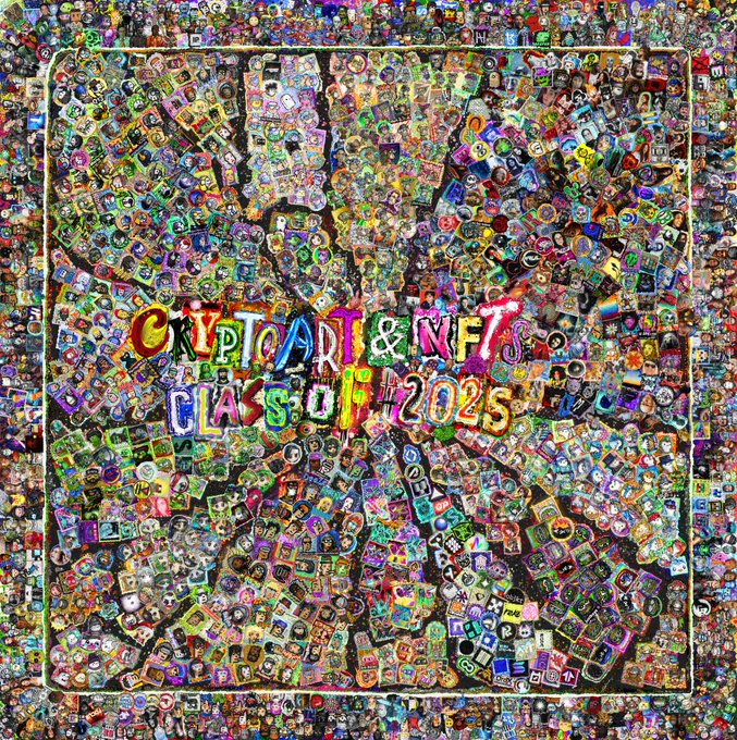 A vibrant, highly detailed digital collage made of numerous small icons and images, centered around the stylized text 'CRYPTO ART & NFT CLASS OF 2025'.