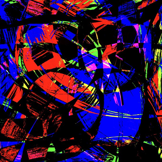 A highly saturated, abstract artwork features chaotic black brushstrokes layered over bright patches of blue, red, and green.