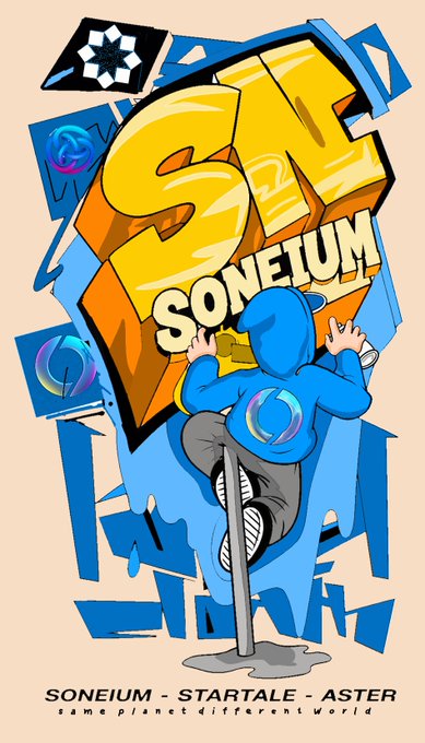 The image features a poster for a video game called "Soneium". The poster has a blue background with white text that reads "Soneium" at the top, followed by "Startale" below it, and so on until "Aster" is at the bottom of the poster. The poster also includes a drawing of a person in a blue hoodie holding a skateboard, which adds to the overall theme of the game. The text on the poster mentions that the game represents different paths with one shared vision creating, connecting, and pushing Web3 forward.