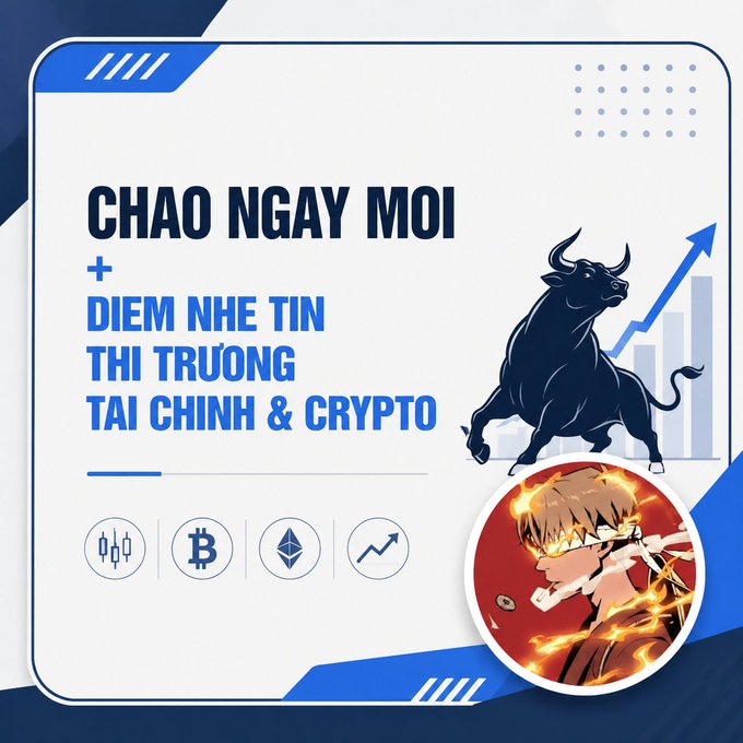 A graphic with Vietnamese text 'CHAO NGAY MOI + DIEM NHE TIN THI TRUONG TAI CHINH & CRYPTO' (Good morning news on finance & crypto), featuring a bull illustration and an anime character punching.