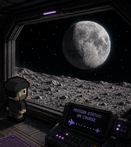 A pixel-art astronaut stands inside a spacecraft looking out a window at the moon and a barren lunar landscape, with a control panel reading 'MISSION STATUS: ON COURSE.'