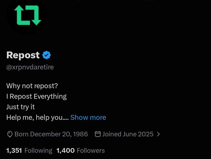 A social media profile page for 'Repost' (@xrpndaretire) with the bio reading 'Why not repost? I Repost Everything Just try it Help me, help you....' showing 1,351 Following and 1,400 Followers.