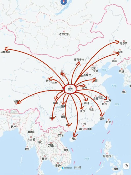 A map centered on China displays red arrows radiating outward from the city of "西安" (Xi'an) to various other major Asian cities, including "乌鲁木齐", "哈尔滨", "北京", "上海", "成都", and "拉萨".