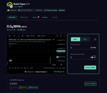 A screenshot of a cryptocurrency wallet interface showing a Robin Pepe token with a value of 0.03896 WETH and '0 RERE' balance.