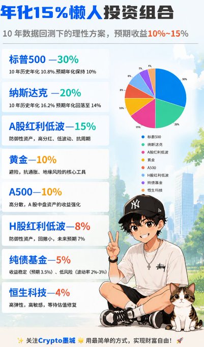 The image shows an investment portfolio allocation chart titled "年化15%懒人投资组合" (15% Annualized Lazy Investor Portfolio), displaying a diversified asset mix including S&P 500 (30%), Nasdaq (20%), A-share dividend low-vol (15%), Gold (10%), A500 (10%), H-share dividend low-vol (8%), Pure Bond Fund (5%), and Hang Seng Tech (4%), with a 10-year backtest showing expected returns of 10%-15%. The accompanying post explains this as the author's recommended asset allocation strategy for ordinary people who want to earn money passively without constantly monitoring the market, aligning with the image's "lazy investor" theme of building a diversified, low-maintenance portfolio.