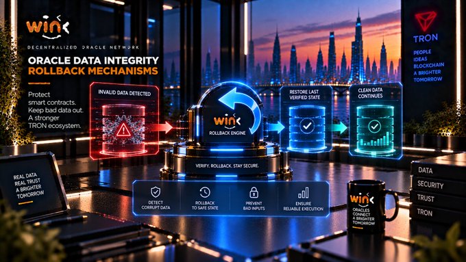 A futuristic promotional graphic for 'WINk Decentralized Oracle Network' highlighting 'ORACLE DATA INTEGRITY ROLLBACK MECHANISMS' with 'TRON' branding visible in the background.