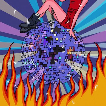 A pop-art style illustration of a person in a red outfit and black boots dancing on a blue mirrored disco ball surrounded by orange flames.