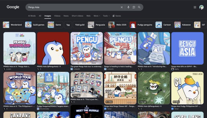 A Google Image search results page for 'Pengu Asia' shows various cartoon illustrations of the penguin character and merchandise like 'Pengu World Tour' and 'Pengu Asia Gift'.