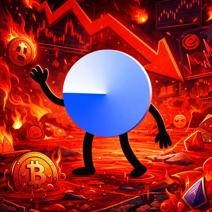 The image features a blue circle with a white line through it, surrounded by various objects such as Bitcoins, gold coins, and other currency symbols. The background of the image shows a red flame and a graph depicting a downward trend. The caption reads "When the market bleeds red, @base ecosystem walks through the fire calm, unbothered, built different." This suggests that despite the chaotic financial situation depicted in the image, there are still individuals or systems that remain stable and unaffected by the economic turbulence.
