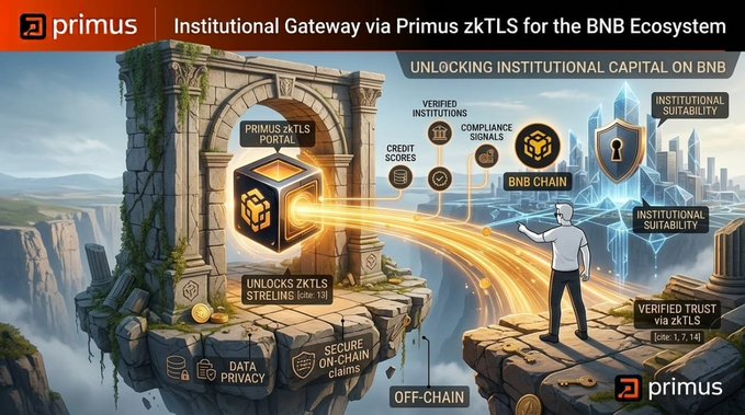 A promotional graphic for “primus” titled “Institutional Gateway via Primus zkTLS for the BNB Ecosystem,” illustrating zkTLS portal security, compliance, on-chain claims, and institutional suitability.