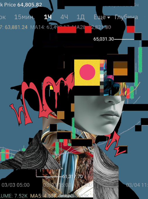 A chaotic digital collage featuring stock charts with Bitcoin prices (e.g., '64,805.82'), geometric shapes, a mannequin in a hood, red graffiti-style letters, and abstract patterns.