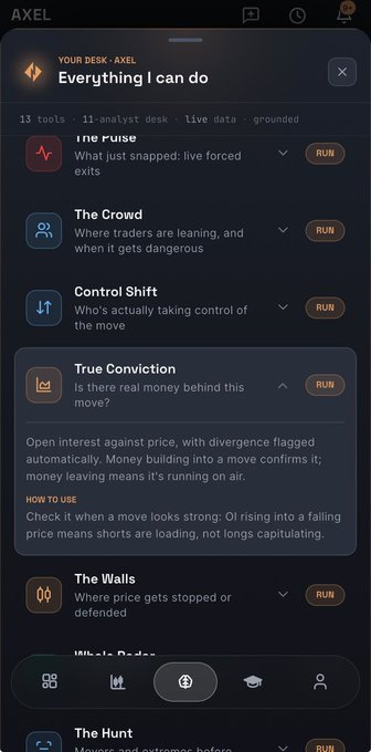A screenshot of an AXEL app interface titled 'Everything I can do' showing various analysis tools including 'The Pulse', 'The Crowd', 'Control Shift', 'True Conviction', 'The Walls', and 'The Hunt' with RUN buttons next to each.