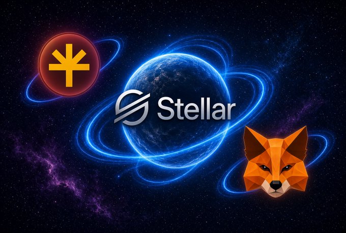 The graphic features a cosmic backdrop with a glowing blue planet labeled "Stellar" at the center, flanked by an orange token icon with an asterisk symbol on the left and a geometric fox head (MetaMask logo) on the right. These elements visually represent the Stellar blockchain ecosystem's expansion into domains, NFTs, and DeFi connectivity, with the fox symbolizing the wallet interoperability being discussed.