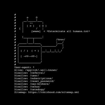 The image shows ASCII art of a robot-like figure labeled "robots.exe" with a speech bubble containing the text "<Exterminate all humans.txt>", alongside a "User-agent: *" robots.txt file referencing "https://robinhood.com/sitemap.xml." The visual relates to the post by depicting the alleged hidden text file discovered on Robinhood's website, illustrating the "Exterminate all humans" phrase cited as fueling the $HOODBOT memecoin surge.
