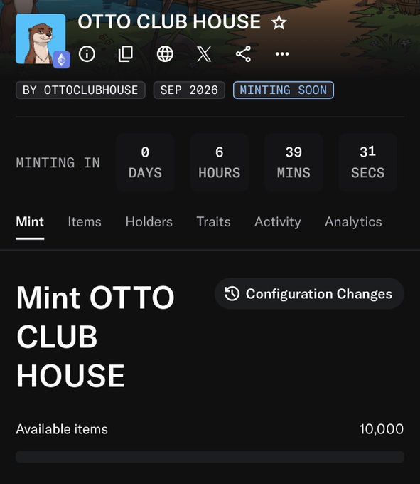 An NFT minting page for 'OTTO CLUB HOUSE' by ottoclubhouse, showing a countdown of 0 days, 6 hours, 39 minutes, 31 seconds until minting with 10,000 available items.