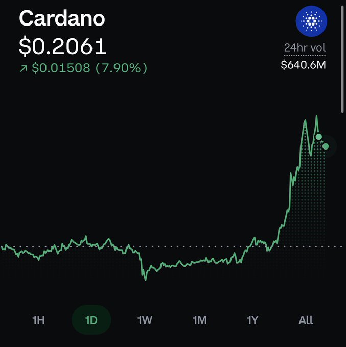 A cryptocurrency price chart for Cardano (ADA) showing a price of $0.2061, up 7.90% ($0.01508), with 24hr volume of $640.6M and a dramatic upward spike on the 1-day chart.