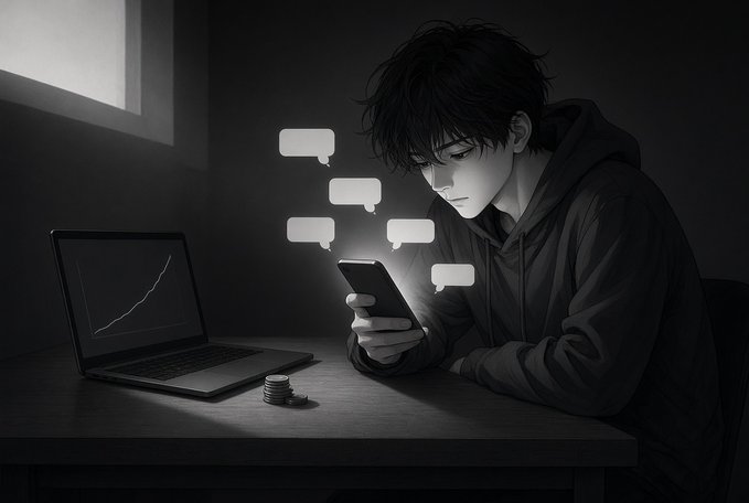 A black-and-white anime-style illustration depicts a young man in a hoodie looking down at his phone with floating chat bubbles, sitting at a desk next to a laptop and a stack of coins.