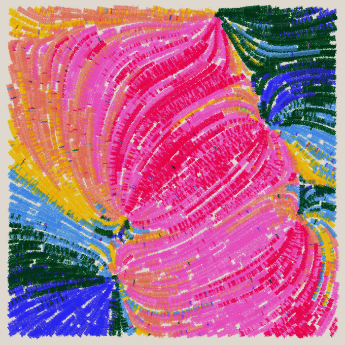 A textured abstract painting with vibrant pink, magenta, yellow, orange, blue, and green colors arranged in flowing, layered patterns.