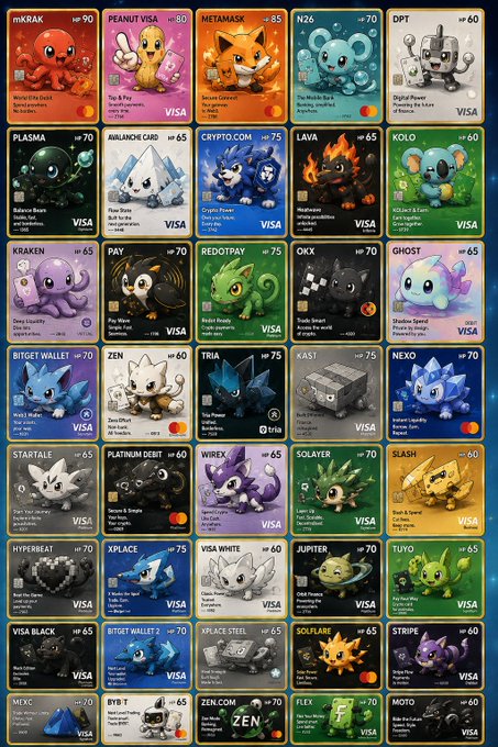A chart displays cryptocurrency-themed Pokémon-style cards including 'mKRACK HP 90', 'PEANUT VISA HP 80', 'METAMASK HP 85', 'N26 HP 70', and 'DPT HP 60'.