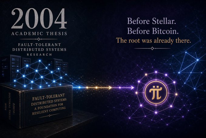 A 2004 academic thesis titled "Fault-Tolerant Distributed Systems: A Foundation for Resilient Computing" is displayed alongside the Pi Network logo, with text stating "Before Stellar. Before Bitcoin. The root was already there." The image visually supports the post's claim that Pi Network's foundational research predates both Bitcoin (2009) and Stellar, referencing Dr.'s early work on fault-tolerant distributed systems as the true origin of the project.