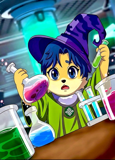 The image features a cartoon character, possibly a dog or a cat, wearing a lab coat and holding a mixing bowl filled with various colored liquids. The character appears to be engaged in some sort of scientific experiment or mixing process. The background includes several bottles and other laboratory equipment, suggesting that the scene takes place in a science-related setting.