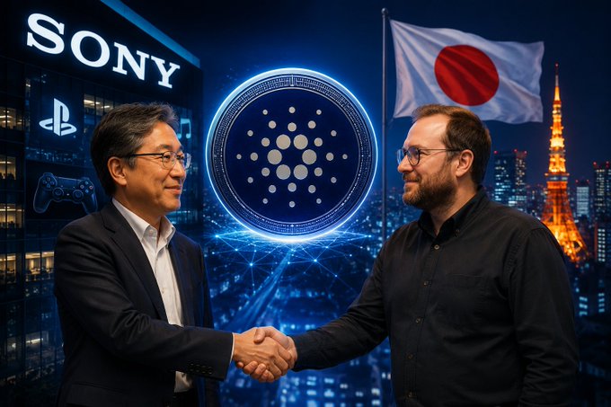 Two men shake hands in front of a stylized backdrop featuring the Sony logo, PlayStation symbol, the Cardano/Midnight emblem, the Japanese flag, and Tokyo Tower, visually representing the Cardano × Midnight × Sony partnership in Japan highlighted in the text about S.BLOX listing NIGHT.
