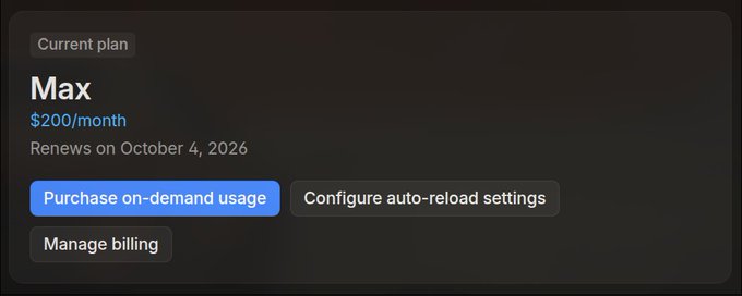 A screenshot shows the user's "Max" subscription plan costing $200/month, set to renew on October 4, 2026, with options to purchase on-demand usage, configure auto-reload settings, and manage billing. This supports the post expressing gratitude for a free month of Devin Max and excitement about exploring its capabilities.