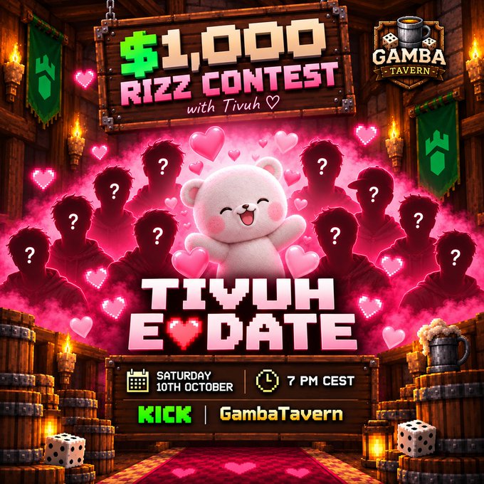 This image does not relate to the accompanying post. The post promotes a $50 giveaway by GambaTavern and Gamdom, but the image actually advertises a separate $1,000 "Rizz Contest with Tivuh" for a "Tivuh E-Date" event on Saturday, October 10th at 7 PM CEST, hosted by GambaTavern on Kick.

The image features a cute white bear character surrounded by pixelated silhouetted figures and pink heart effects, promoting the upcoming livestream event rather than the giveaway mentioned in the caption.
