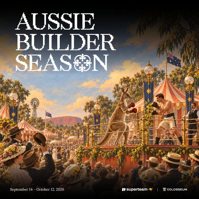 A promotional poster for 'Aussie Builder Season' showing a vintage-style illustration of a boxing match between a kangaroo and a man in a boxing ring, with crowds watching and the Australian flag flying, dated September 14 – October 12, 2026, featuring Supereum and Colosseum branding.