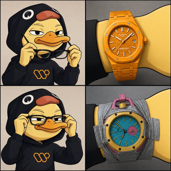 A cartoon duck, wearing a black hoodie and glasses, holds an orange watch with a pink strap on its left hand while holding a yellow scarf on its right hand against a gray background.